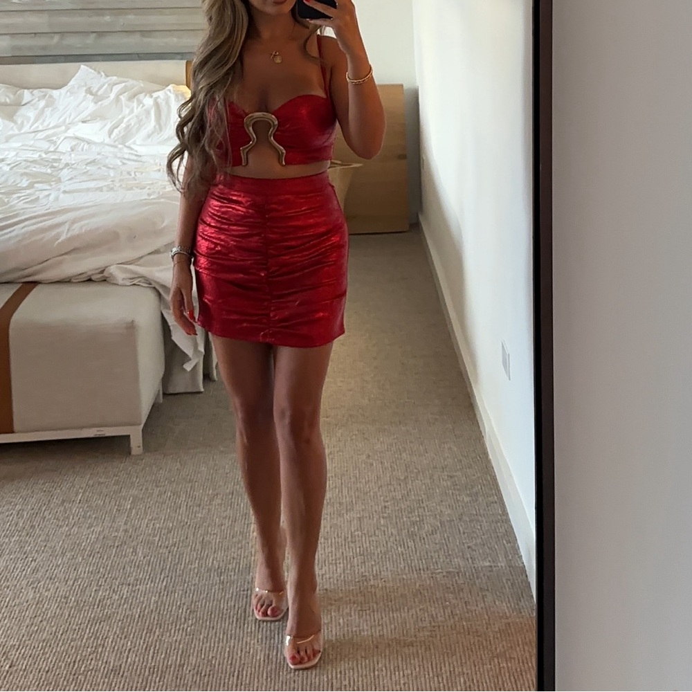 Elegant Red Ruched Mini Skirt set